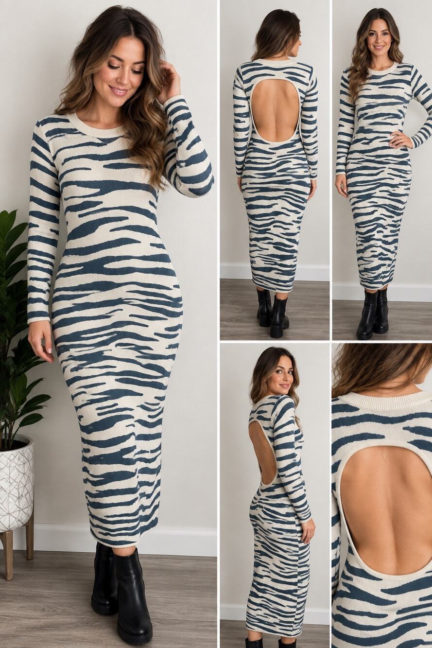 Fashion Nova 1X Zebra Knit Maxi Sweater Dress Open Back Bodycon Long Sleeve